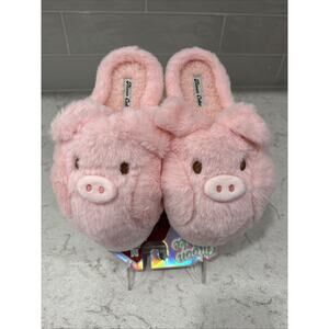 PINK PIG Ladies M Size 7/8 Memory Foam Hood Back Slippers House Shoes Faux Fur